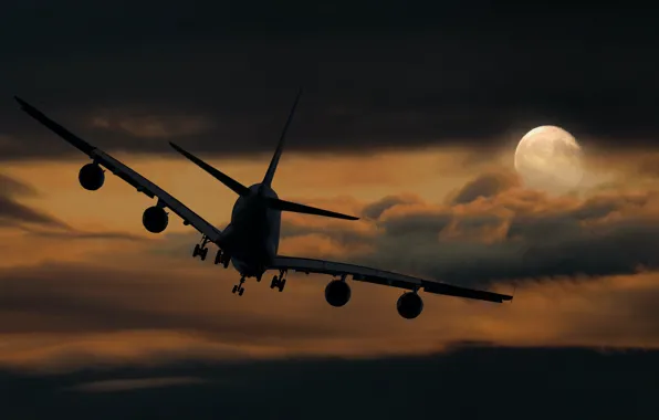 Картинка Полет, Луна, Небо, Авиалайнер, Боинг 747, Ночь, Облака, Лайнер