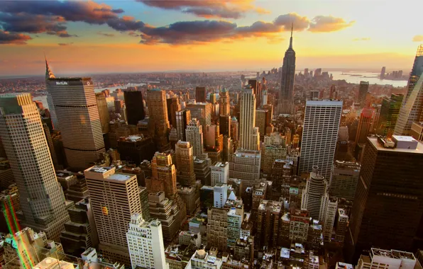 Картинка облака, закат, город, здания, new york city