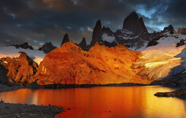 Картинка снег, пейзаж, горы, озеро, рассвет, Argentina, Аргентина, Patagonia