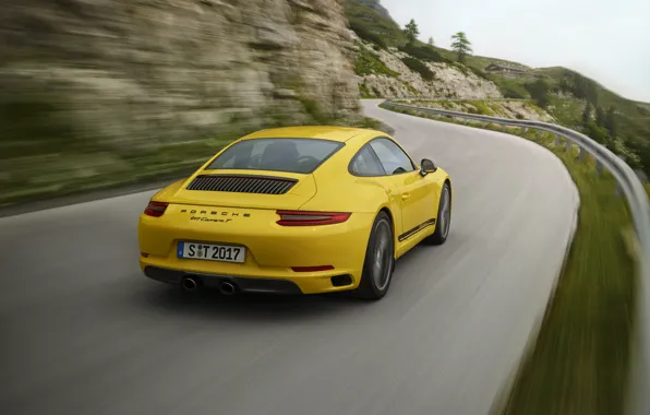 Картинка дорога, жёлтый, движение, размытие, Porsche, ограждение, 2018, 911 Carrera T