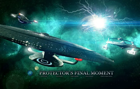 Stars, planet, spaceships, protector's final moment
