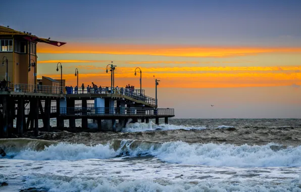 Море, облака, Калифорния, пирс, зарево, США, Санта-Моника