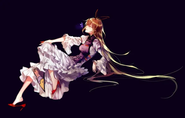 Фиолетовый, фон, бабочка, туфли, длинные волосы, touhou, закрытые глаза, yukari yakumo