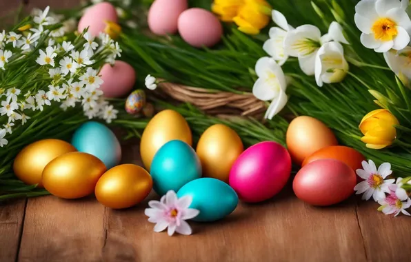 Картинка цветы, яйца, весна, colorful, Пасха, happy, flowers, spring