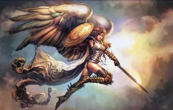 Картинка girl, sword, fantasy, armor, wings, Angel, artwork, shield
