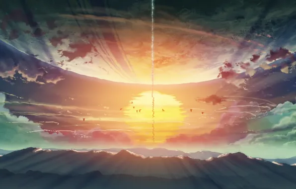 Картинка солнце, облака, закат, горы, птицы, природа, планета, аниме