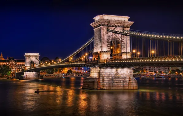 Картинка ночь, мост, огни, река, фонари, залив, budapest, будапешт