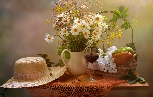 Картинка цветы, стол, вино, корзина, яблоки, бокал, ромашки, хлеб