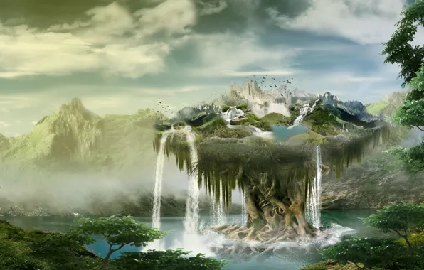Картинка деревья, горы, природа, водопад