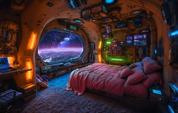 Space, alien, bedroom, futuristic, tecnology