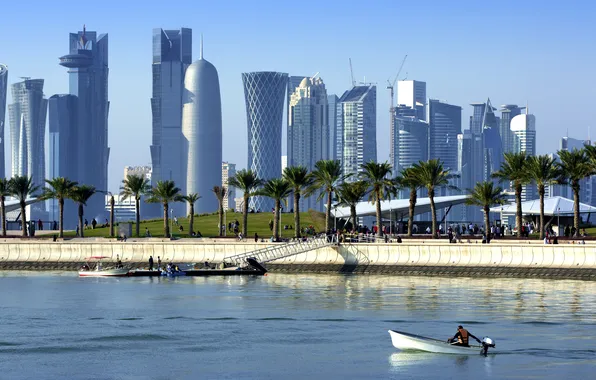 Day, middle, east, doha, downtown, contemporary, district, dhow