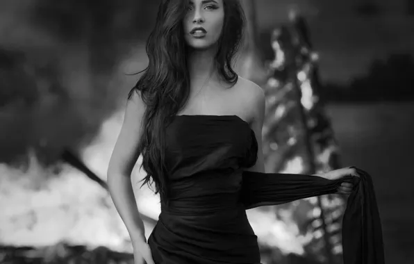 Картинка black & white, girl, dress, photo, photographer, monochrome, model, silk