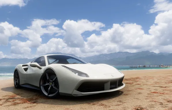 Картинка car, Ferrari, beach, water, clouds, sand, video games, Forza Horizon 5