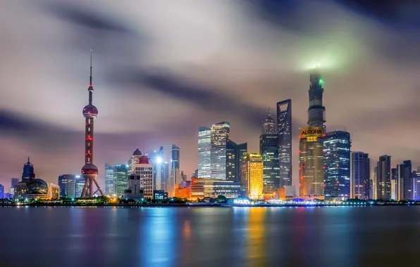 Картинка вода, ночь, город, дома, подсветка, Китай, Шанхай