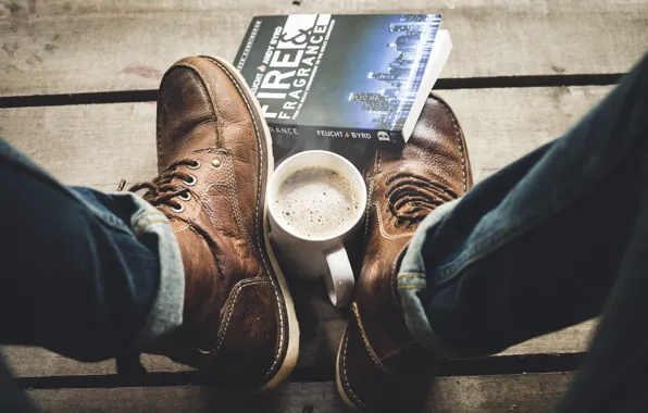 Картинка кофе, джинсы, ботинки, книга