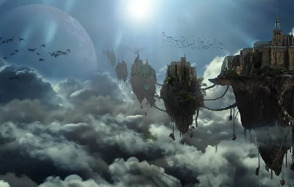 Картинка небо, облака, city, птица, Небесный город