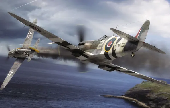 Картинка Messerschmitt, Luftwaffe, WW2, Royal Air Force, Painting, Dogfight, Spitfire F.Mk.IX, Bf.109G-6