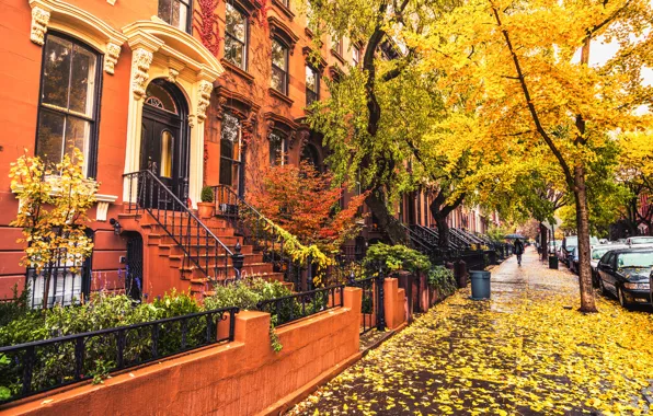 Осень, листья, девушка, деревья, зонтик, улица, листва, Нью-Йорк