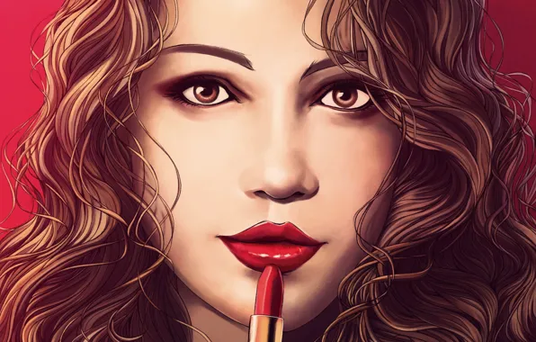 Картинка взгляд, девушка, лицо, волосы, помада, арт, живопись, красные губы