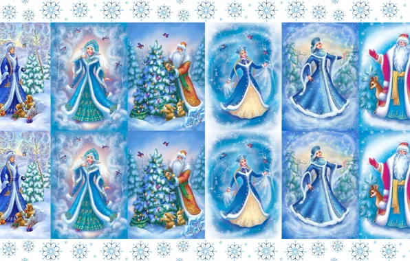Картинка зима, настроение, праздник, арт, Новый год, снегурочка, дед мороз, снежинка
