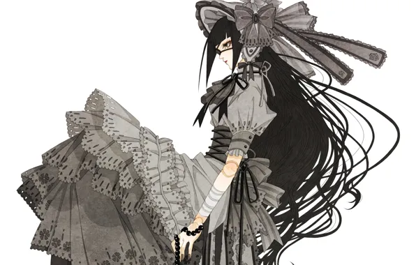 Картинка Девушка, шляпа, кукла, бусы, повязка, пышное платье