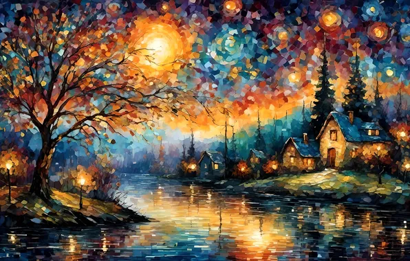 Лес, свет, деревья, пейзаж, ночь, ветки, природа, огни