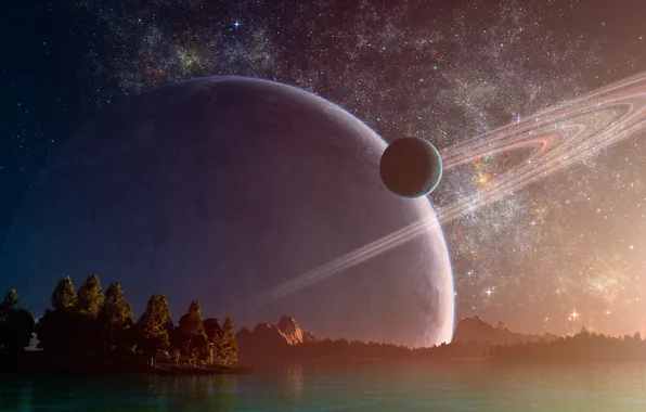 Картинка лес, небо, вода, звезды, горы, река, планета