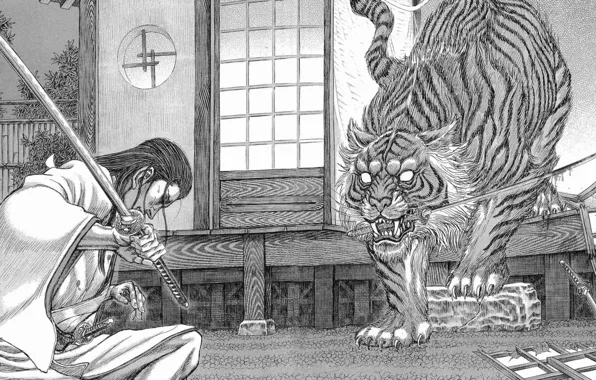 Картинка sword, blood, long hair, wood, tiger, anime, katana, man
