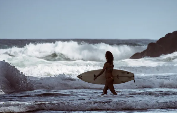 Waves, girl, beach, surfer, surfboard, troubled sea