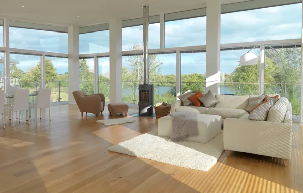 Дизайн, интерьер, гостиная, столовая, вид на реку, by My Interior Stylist Ltd, Upside down house