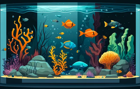 Вода, рыбки, водоросли, пузырьки, графика, аквариум, кораллы, голубые