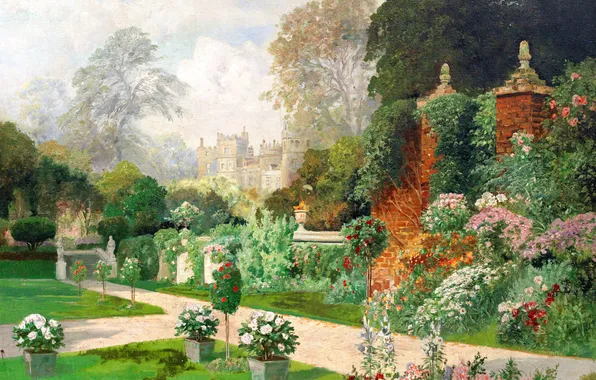 Цветы, Дома, Деревья, Картина, Alois Arnegger, Алоис Арнеггер, Австрийский живописец, Великолепие сада