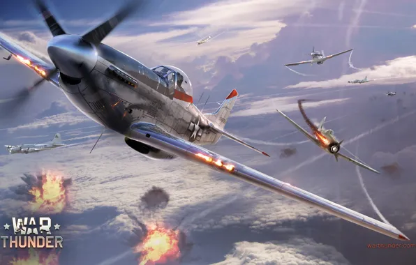 Картинка небо, облака, огонь, война, Mustang, истребитель, Boeing, бомбардировщик