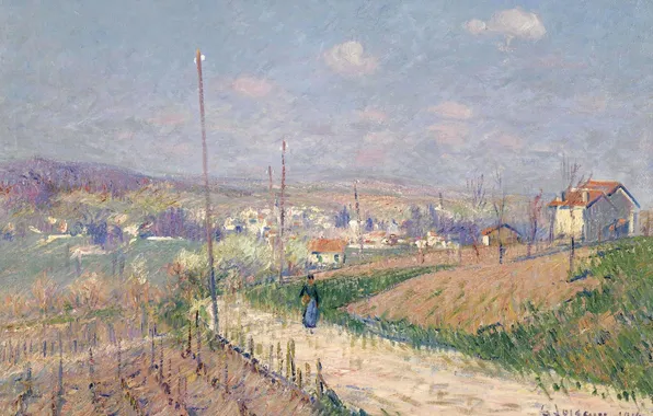 Картинка дорога, пейзаж, дома, картина, виноградник, Гюстав Луазо, Весна в Иль-де-Франс