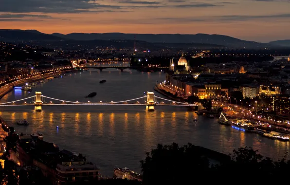 Закат, Мост, Панорама, Bridge, Sunset, Panorama, Венгрия, Hungary