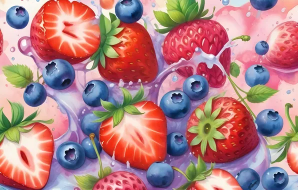 Капли, брызги, ягоды, текстура, черника, клубника, сок, розовый фон