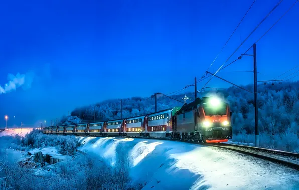 Картинка lights, clear sky, trees, landscape, photographer, winter, snow, evening