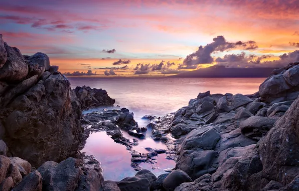 Закат, океан, скалы, побережье, Hawaii, Maui