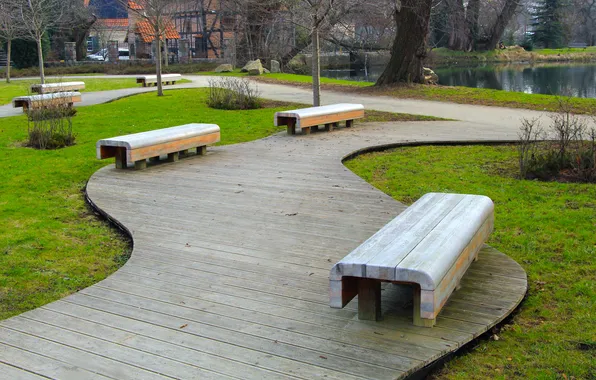 Wood, park, bench, alley