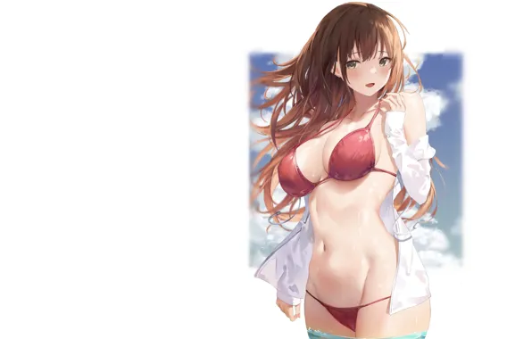 Girl, sexy, Anime, sea, ocean, boobs, pretty, breasts