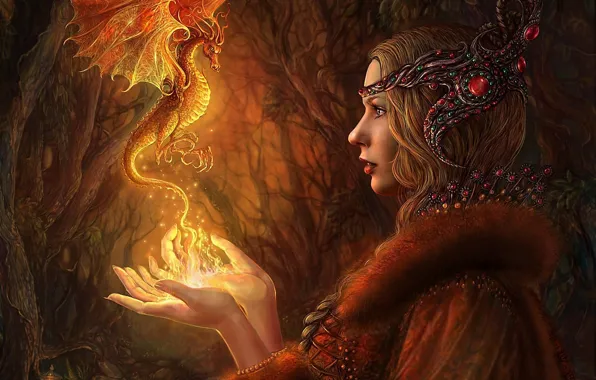 Картинка лес, девушка, украшения, огонь, магия, дракон, арт, фонарь