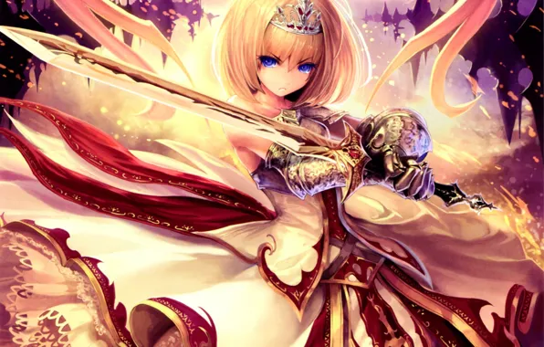 Картинка девушка, оружие, крылья, меч, аниме, арт, тиара, tachikawa mushimaro