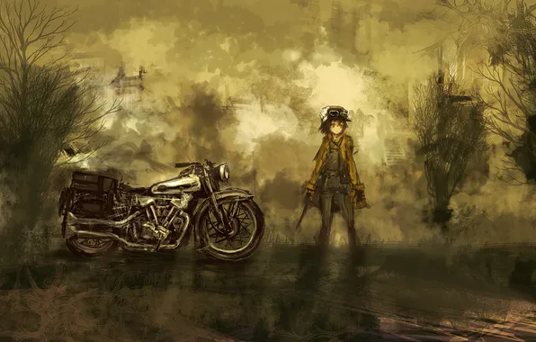 Картинка девушка, аниме, арт, мотоцикл, гермес, путешествие кино, Kino no tabi