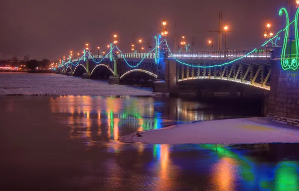 Картинка зима, снег, ночь, мост, огни, река, фонари, Санкт-Петербург