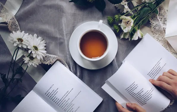 Картинка цветы, книга, чтение, Чай