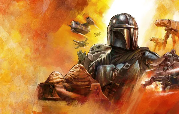 Картинка фантастика, рисунок, арт, постер, Мандалорец и Грогу, The Mandalorian & Grogu