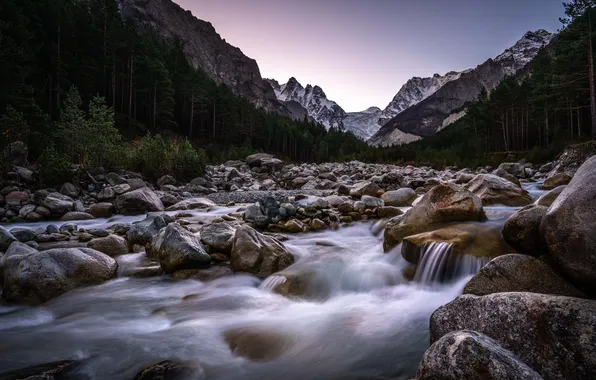 Лес, деревья, горы, камни, скалы, рассвет, речка, Алания