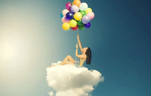 Картинка небо, девушка, облака, шарики, воздушные шары, фон, обои, настроения