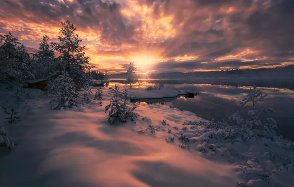 Картинка зима, облака, лучи, снег, закат, озеро, Норвегия, Norway