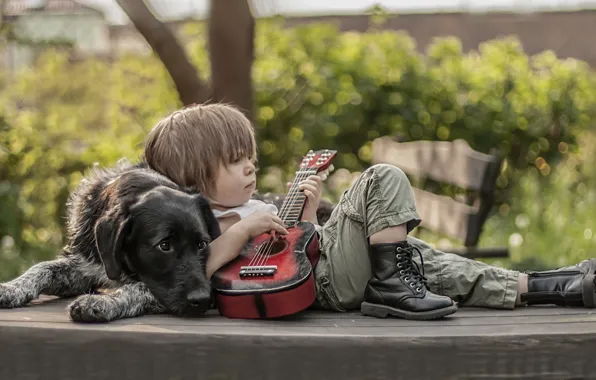 Гитара, собака, мальчик, ботинки, друзья